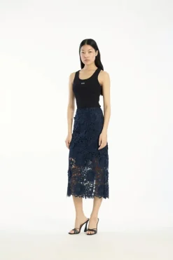 3d Lace Pencil Skirt Dark Blue
