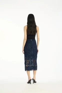 3d Lace Pencil Skirt Dark Blue