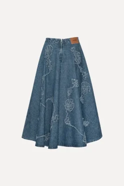Denim Flower Midi Skirt Medium Blue