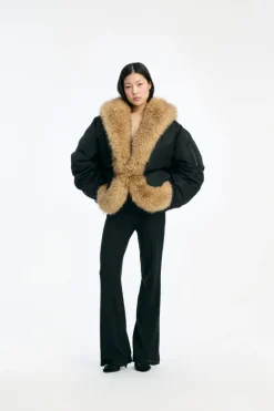 Faux Fur Collar Bomber Black