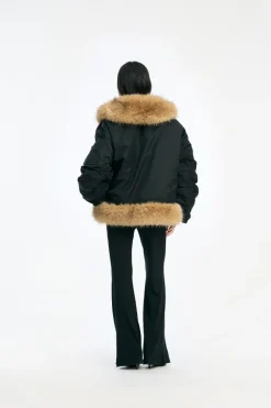Faux Fur Collar Bomber Black