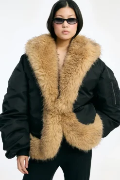 Faux Fur Collar Bomber Black