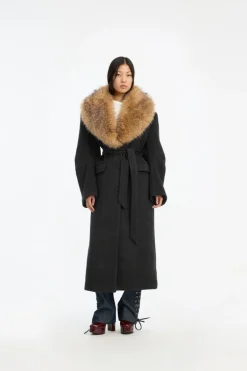 Faux Fur Collar Long Coat Dark Grey