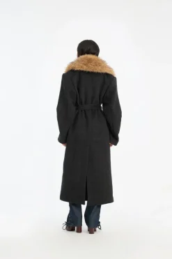Faux Fur Collar Long Coat Dark Grey