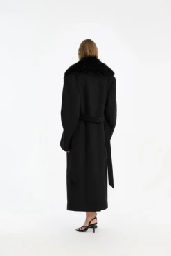 Faux Fur Collar Long Coat Black