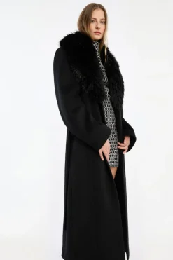 Faux Fur Collar Long Coat Black