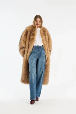 Faux Fur Long Coat Beige