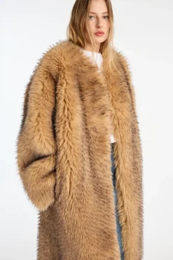 Faux Fur Long Coat Beige