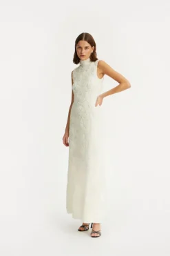 Flower Mesh Maxi Dress Creme White