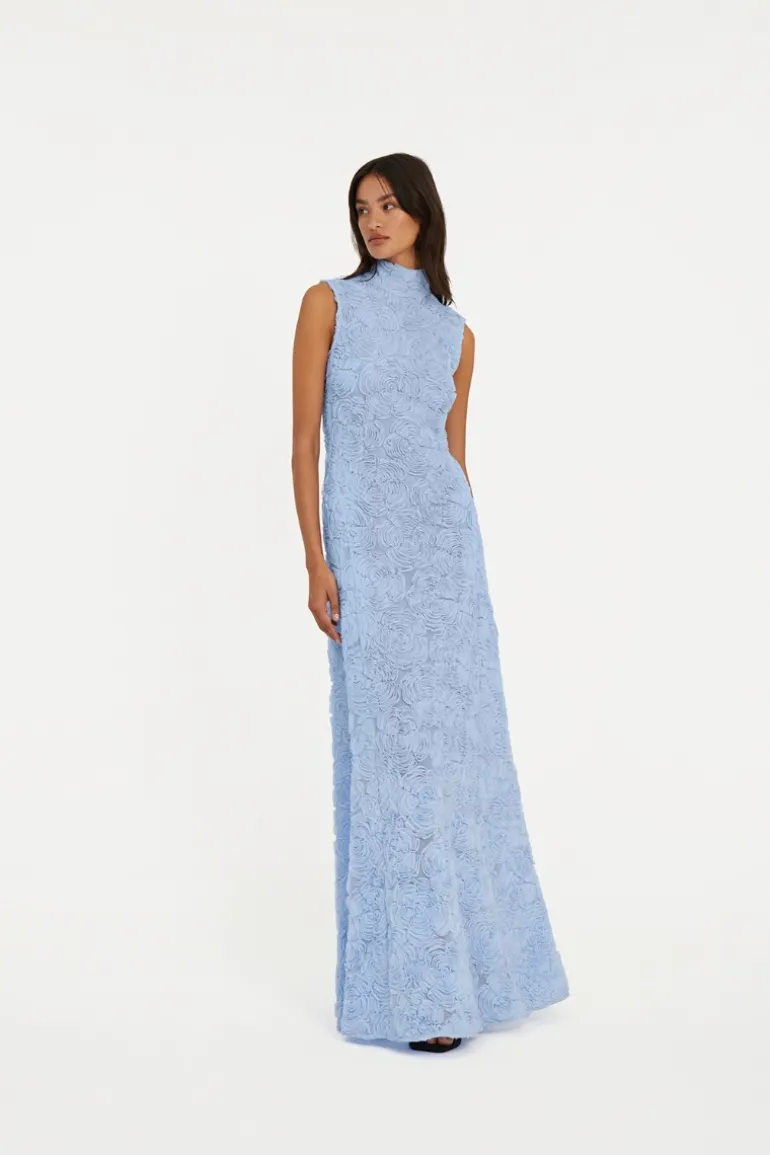 Flower Mesh Maxi Dress Light Blue