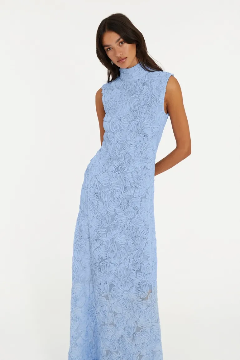 Flower Mesh Maxi Dress Light Blue