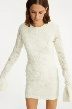 Flower Mesh Mini Dress Creme White