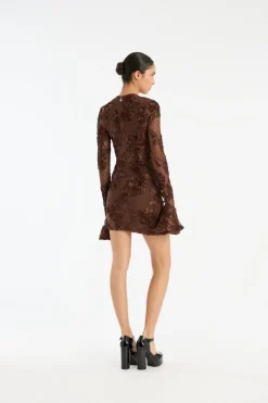 Flower Mesh Mini Dress Dark Brown