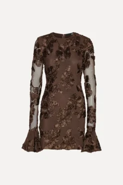 Flower Mesh Mini Dress Dark Brown