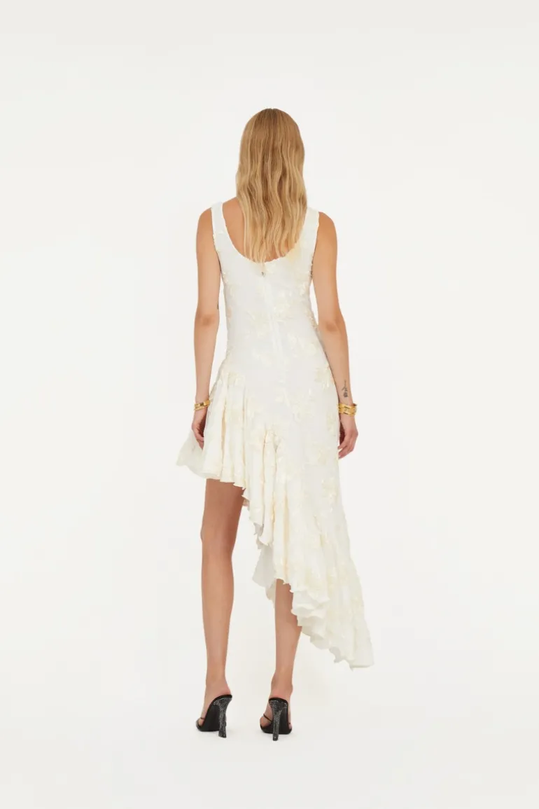 Flower Mesh Ruffle Dress White