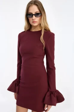 Frill Sleeved Mini Dress Burgundy
