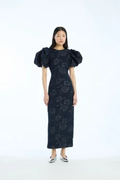 Jacquard Midi Puff Dress Dark Blue