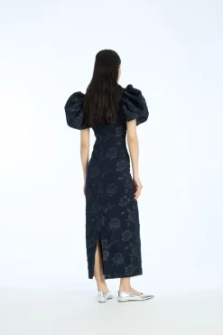 Jacquard Midi Puff Dress Dark Blue