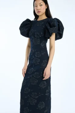 Jacquard Midi Puff Dress Dark Blue