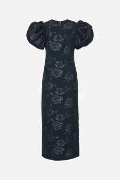 Jacquard Midi Puff Dress Dark Blue