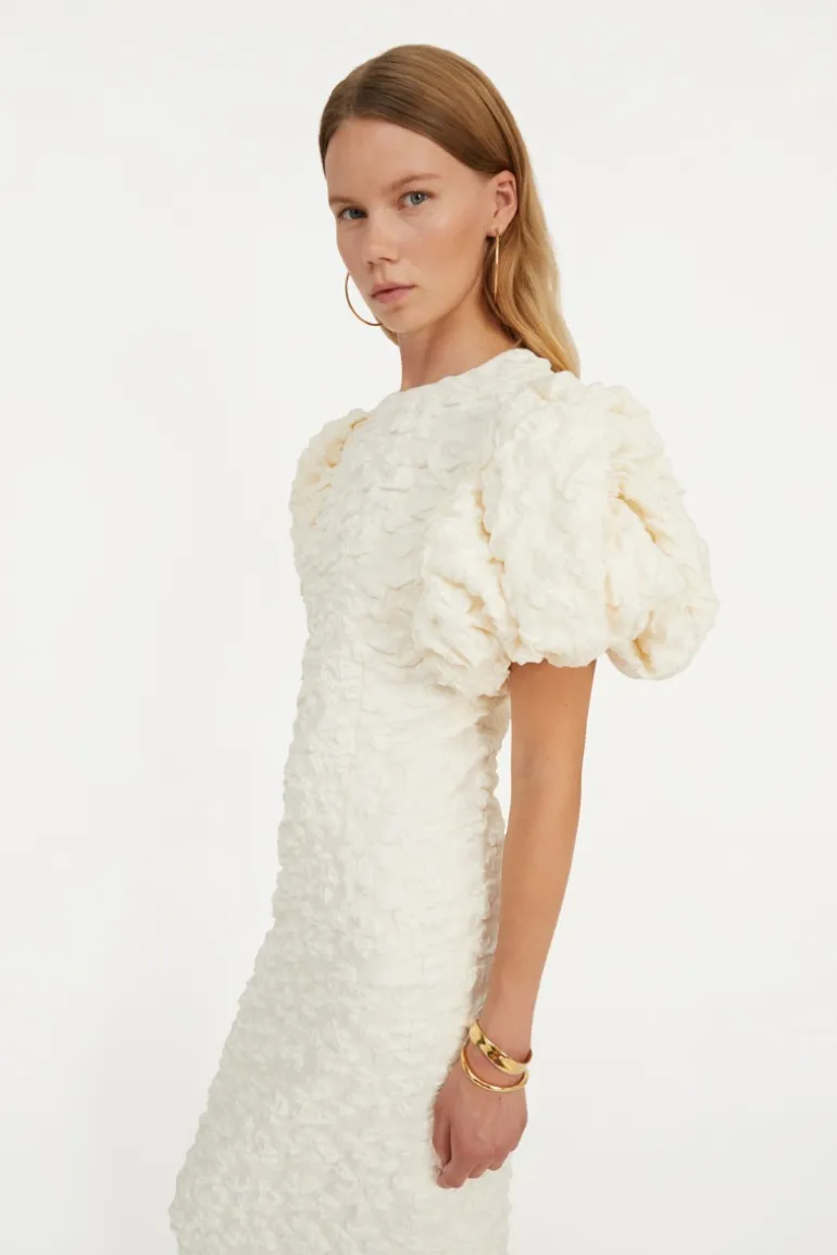 Jacquard Midi Puffy Dress White