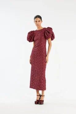 Jacquard Midi Puffy Dress Burgundy