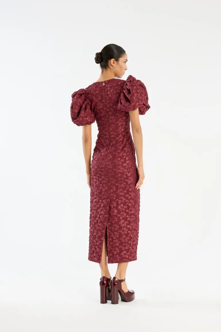 Jacquard Midi Puffy Dress Burgundy