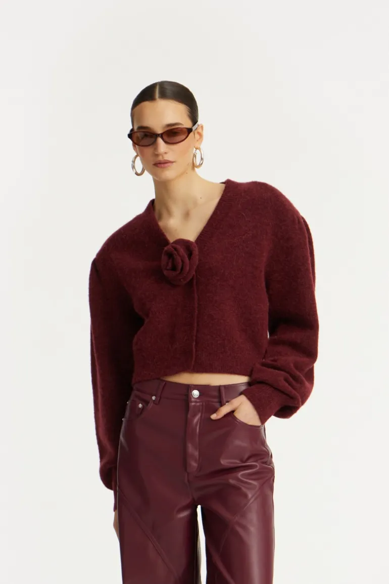 Knit Puffsleeve Cardigan Bordeaux