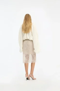 Lace Midi Pencil Skirt Cream