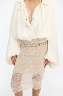 Lace Midi Pencil Skirt Cream