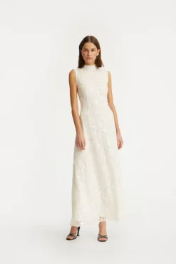 Lace Sequin Maxi Dress Creme White