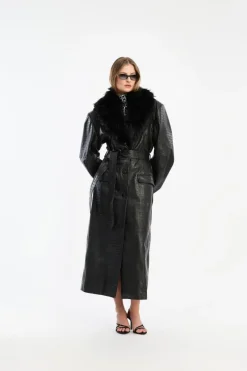 Leather Coat Faux Fur Collar Black