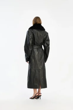 Leather Coat Faux Fur Collar Black