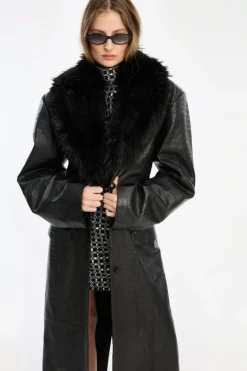 Leather Coat Faux Fur Collar Black