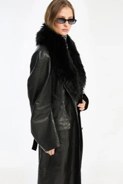 Leather Coat Faux Fur Collar Black