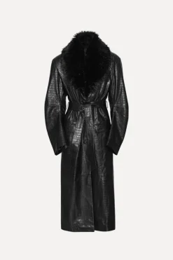 Leather Coat Faux Fur Collar Black