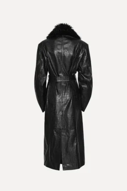 Leather Coat Faux Fur Collar Black