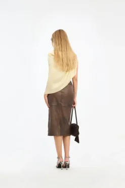 Leather Midi Pencil Skirt Dark Brown