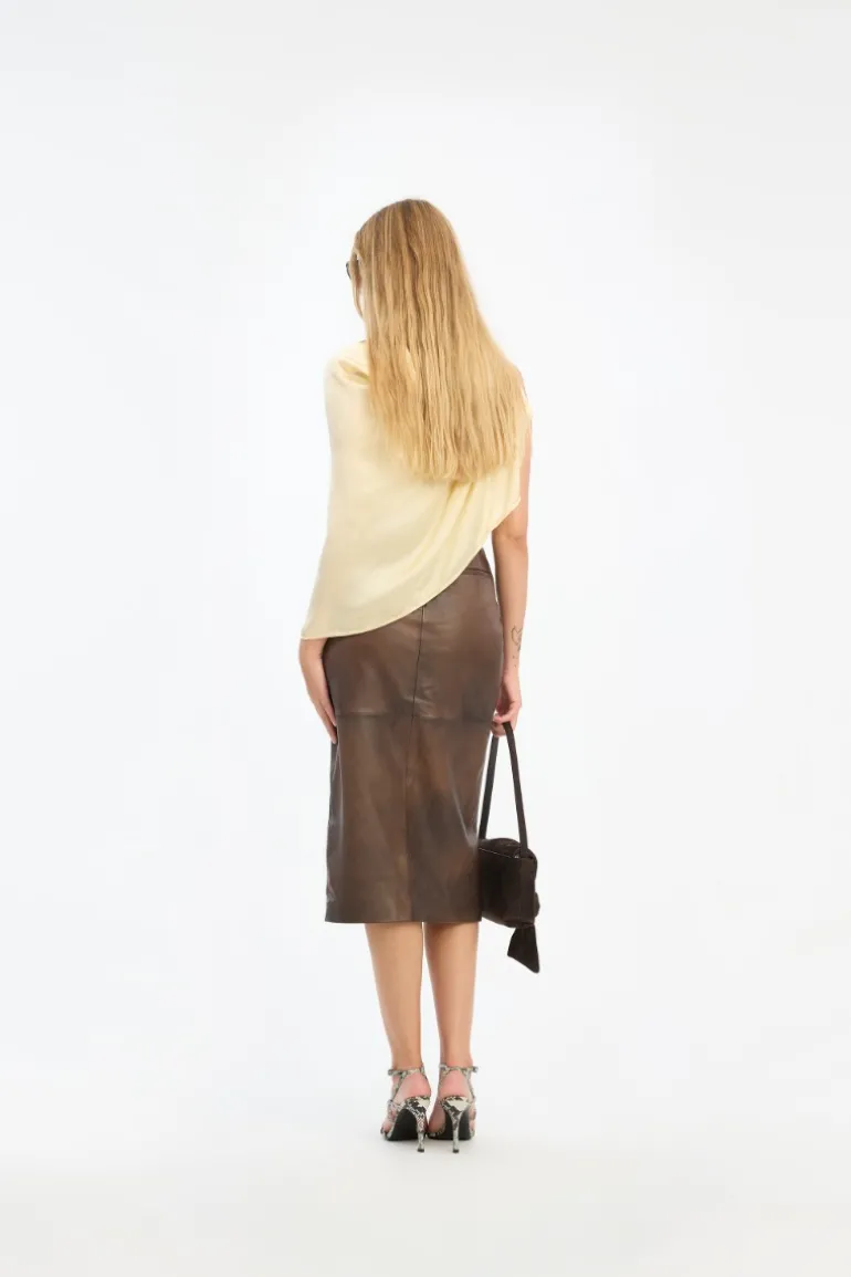 Leather Midi Pencil Skirt Dark Brown