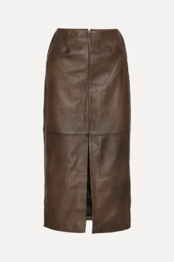 Leather Midi Pencil Skirt Dark Brown