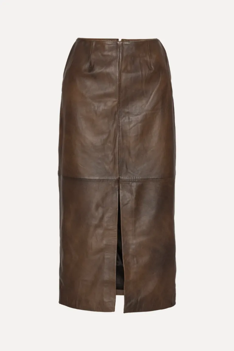 Leather Midi Pencil Skirt Dark Brown