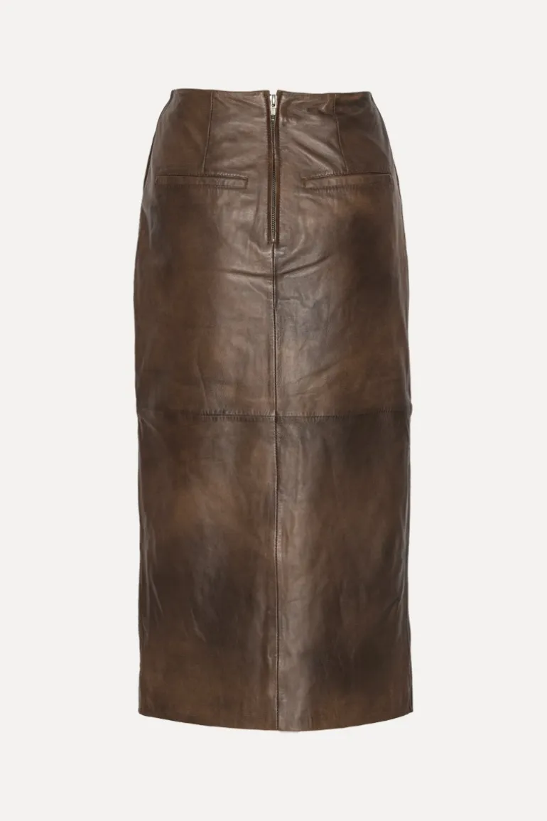 Leather Midi Pencil Skirt Dark Brown