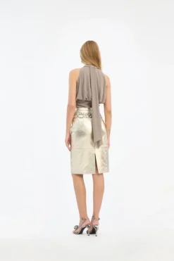 Leather Midi Pencil Skirt Gold