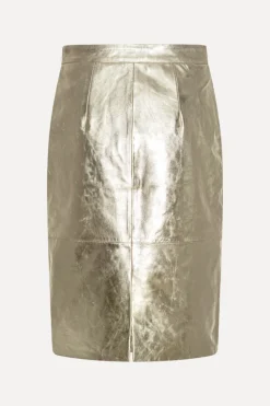 Leather Midi Pencil Skirt Gold