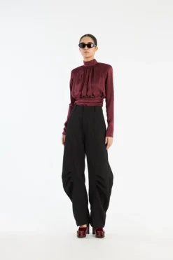 Ls Ruched Silk Top Burgundy