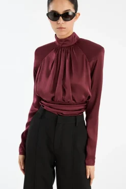 Ls Ruched Silk Top Burgundy