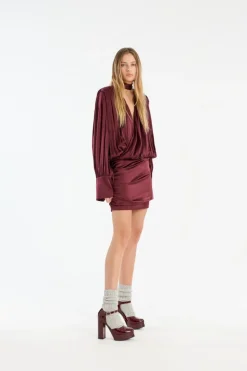 Ls Silk V-neck Dress Burgundy