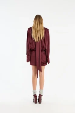 Ls Silk V-neck Dress Burgundy
