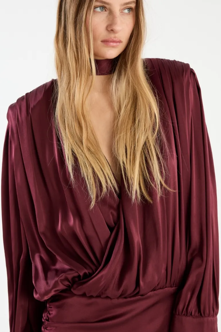 Ls Silk V-neck Dress Burgundy
