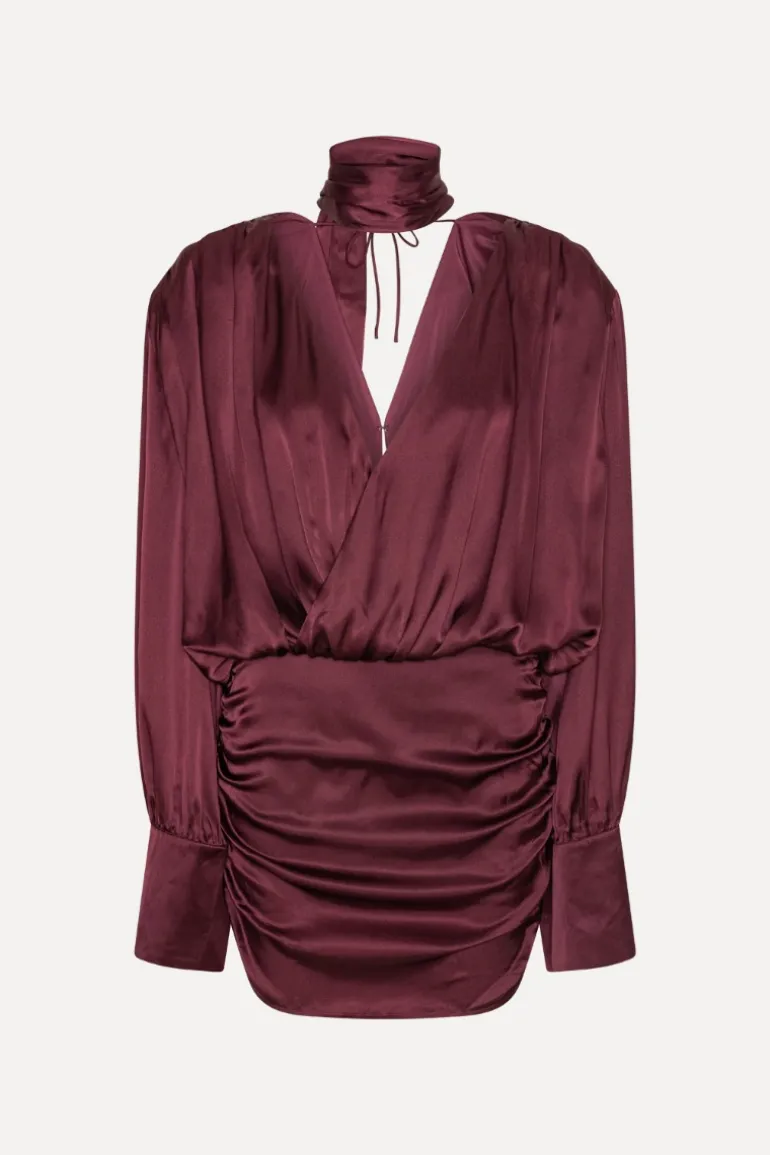 Ls Silk V-neck Dress Burgundy